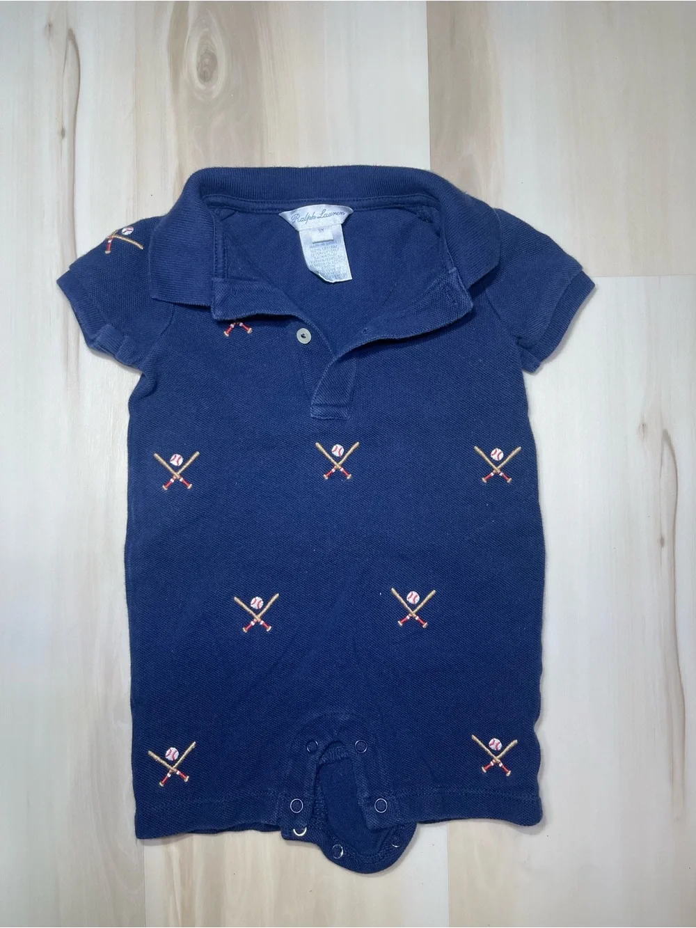 Ralph Lauren Romper Baby Boys 9M Months Navy Collared Baseball AOP One Piece